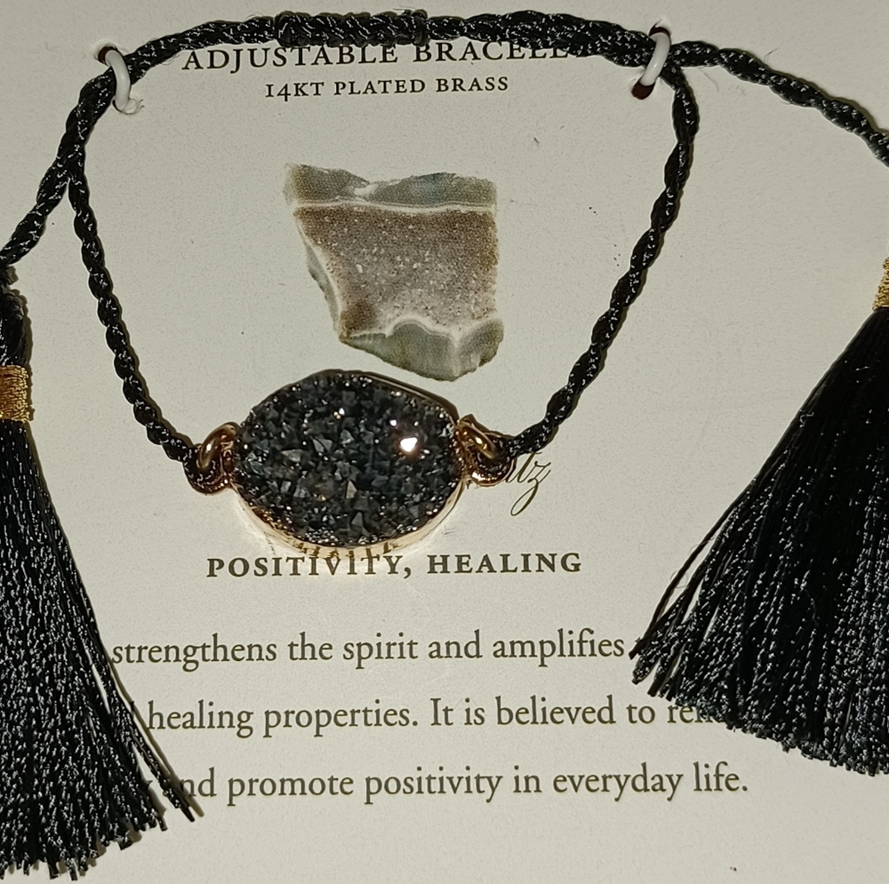 LUNA NORTE BLACK DRUSY QUARTZ GEMSTONE TASSELS ADJUSTABLE STRING BRACELET  NIB